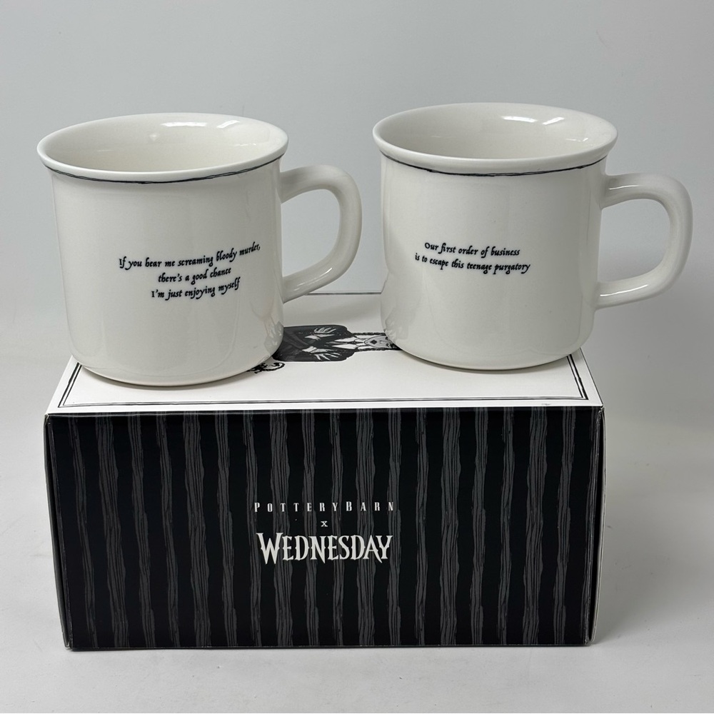 Pottery Barn Wednesday Addams Stoneware Decal Mugs NEW IN BOX Halloween - Picture 5 of 13